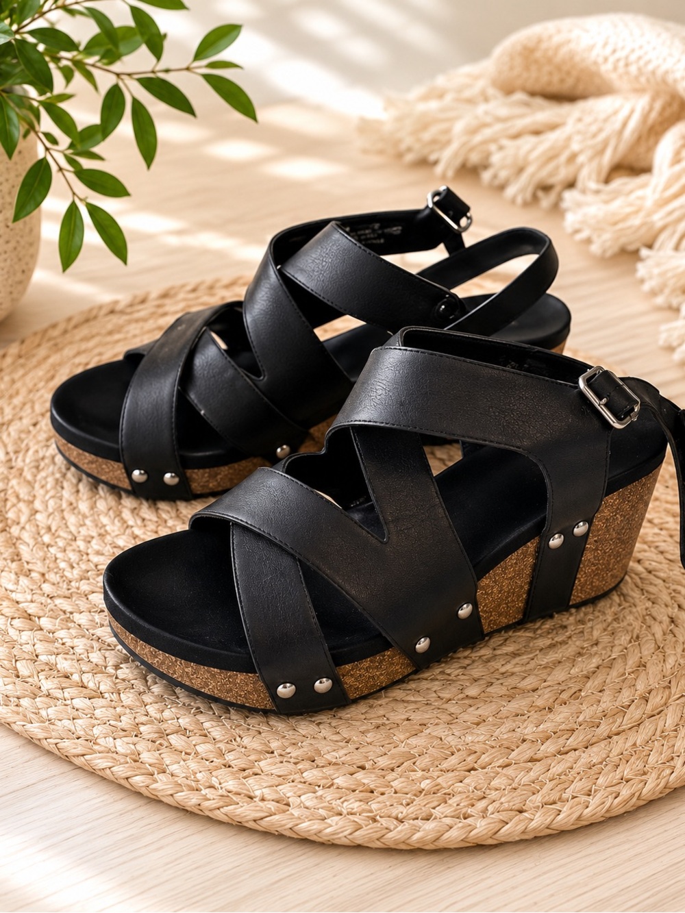 Black Cork Wedge Sandals with Crisscross Straps